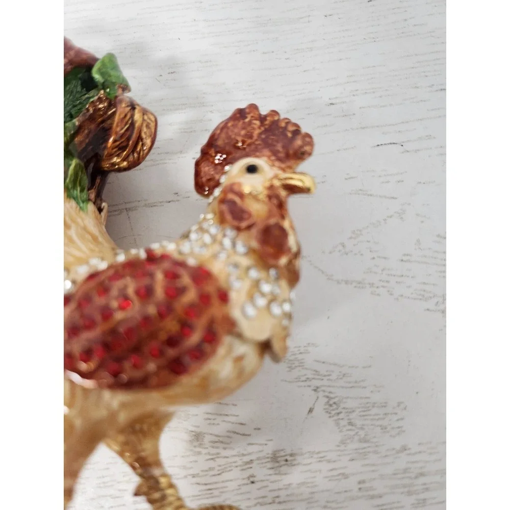 Rooster Crystal Alloy Metal Art Trinket Box Ring Box Rhinestones Qifu India New